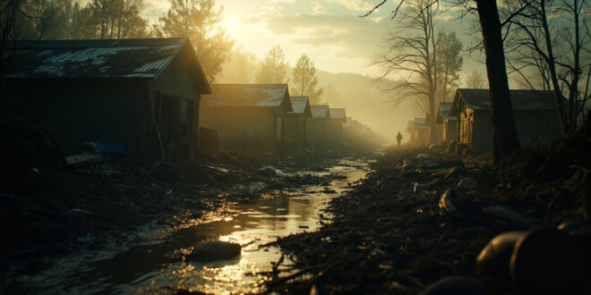 Abandoned camp buildings surrounded by debris and fallen trees in flooded riverside area after devastating flood