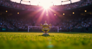 Gleaming championship trophy displayed on Wimbledon's Centre Court at dawn, empty royal box visible in background