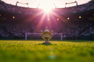 Gleaming championship trophy displayed on Wimbledon's Centre Court at dawn, empty royal box visible in background