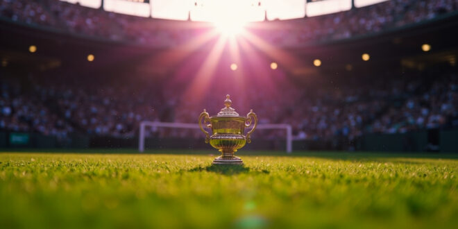 Gleaming championship trophy displayed on Wimbledon's Centre Court at dawn, empty royal box visible in background