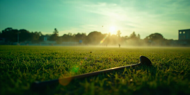 Abandoned polo equipment on empty Windsor grounds, featuring lone mallet on emerald grass under fading light