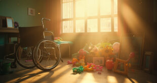Empty wheelchair beside family photos in sunlit home therapy room with medical equipment and colorful toys