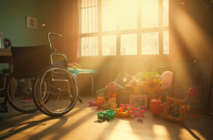 Empty wheelchair beside family photos in sunlit home therapy room with medical equipment and colorful toys