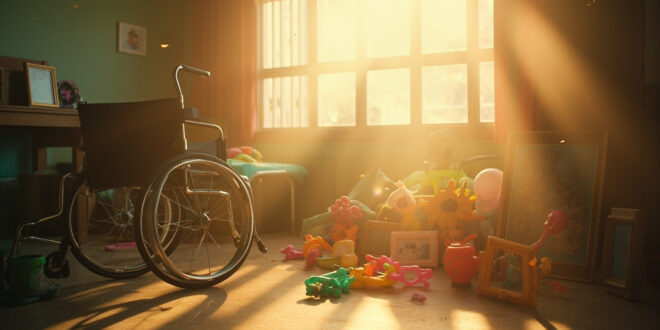 Empty wheelchair beside family photos in sunlit home therapy room with medical equipment and colorful toys
