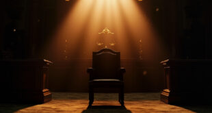 Empty ornate judicial chair awaits new appointment in vacant constitutional court chamber with scales of justice