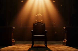Empty ornate judicial chair awaits new appointment in vacant constitutional court chamber with scales of justice