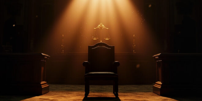 Empty ornate judicial chair awaits new appointment in vacant constitutional court chamber with scales of justice