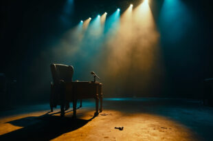 Empty television talk show set with darkened stage lights, abandoned host chair and lone microphone after final broadcast
