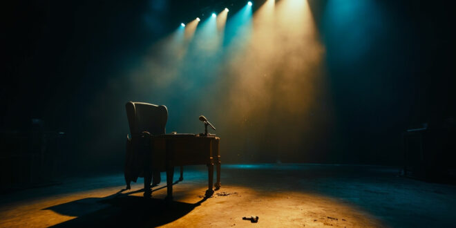 Empty television talk show set with darkened stage lights, abandoned host chair and lone microphone after final broadcast