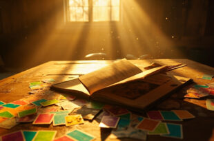 Vintage sticker album with colorful scratch and sniff stickers scattered across an empty craft table bathed in morning light.