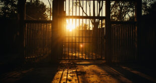 Empty primate enclosure with metal bars in a deserted zoo facility at dusk, highlighting animal population management issues