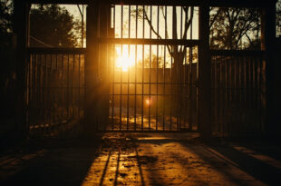 Empty primate enclosure with metal bars in a deserted zoo facility at dusk, highlighting animal population management issues