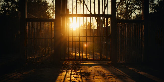 Empty primate enclosure with metal bars in a deserted zoo facility at dusk, highlighting animal population management issues