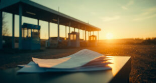 Unmanned border control barrier at dawn with abandoned legal documents on desk at deserted German-Polish checkpoint