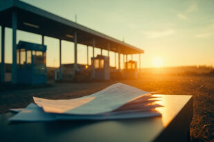 Unmanned border control barrier at dawn with abandoned legal documents on desk at deserted German-Polish checkpoint