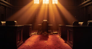 Empty judges' bench with vacant chairs in an abandoned parliamentary chamber at dawn, scattered legal documents on desk