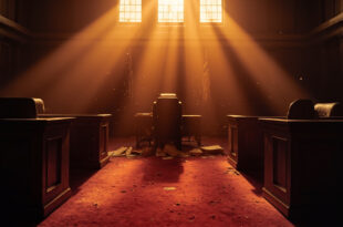 Empty judges' bench with vacant chairs in an abandoned parliamentary chamber at dawn, scattered legal documents on desk