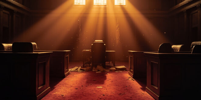 Empty judges' bench with vacant chairs in an abandoned parliamentary chamber at dawn, scattered legal documents on desk