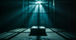 Empty prison gate closing in abandoned courthouse at dusk, with scales of justice on desk and prison bars casting shadows