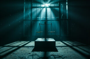 Empty prison gate closing in abandoned courthouse at dusk, with scales of justice on desk and prison bars casting shadows