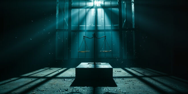 Empty prison gate closing in abandoned courthouse at dusk, with scales of justice on desk and prison bars casting shadows