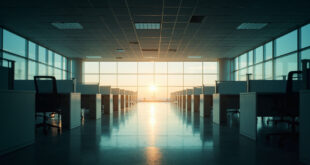 Empty office desks and chairs in a modern government building at dusk, highlighting wasteful space expansion