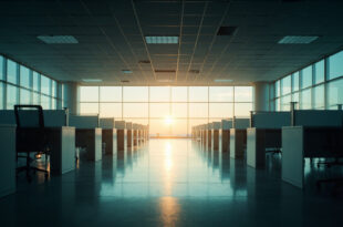Empty office desks and chairs in a modern government building at dusk, highlighting wasteful space expansion