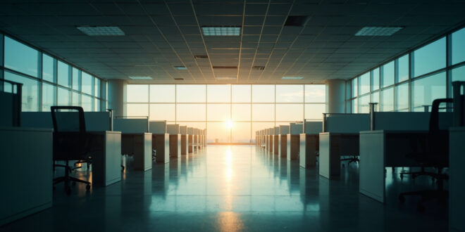 Empty office desks and chairs in a modern government building at dusk, highlighting wasteful space expansion