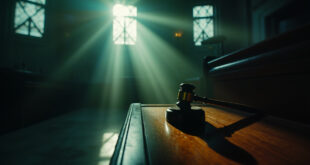 Empty courtroom with abandoned judge's gavel on wooden bench, bathed in morning light after controversial verdict