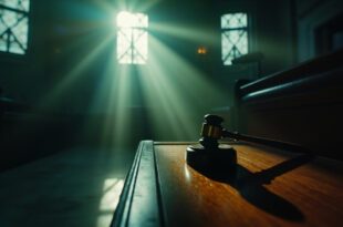 Empty courtroom with abandoned judge's gavel on wooden bench, bathed in morning light after controversial verdict