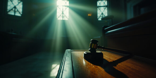 Empty courtroom with abandoned judge's gavel on wooden bench, bathed in morning light after controversial verdict