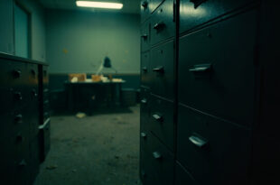 Empty filing cabinets with locked drawers and sealed manila folders on desk in abandoned government office at dusk