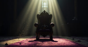 Ornate empty throne with royal regalia and lone crown in abandoned palace chamber, bathed in purple and gold light
