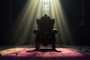 Ornate empty throne with royal regalia and lone crown in abandoned palace chamber, bathed in purple and gold light