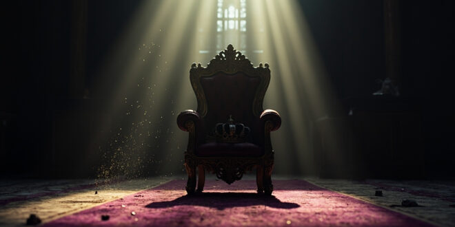 Ornate empty throne with royal regalia and lone crown in abandoned palace chamber, bathed in purple and gold light