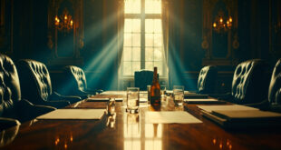 Empty leather chairs surround a polished conference table with documents and wine bottle in an elegant club interior