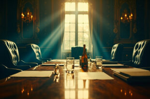 Empty leather chairs surround a polished conference table with documents and wine bottle in an elegant club interior