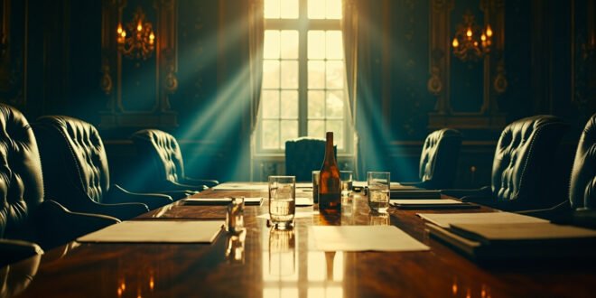 Empty leather chairs surround a polished conference table with documents and wine bottle in an elegant club interior