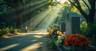 Weathered gravestone with fresh flower bouquets along a quiet cemetery pathway surrounded by ancient trees
