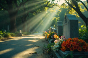 Weathered gravestone with fresh flower bouquets along a quiet cemetery pathway surrounded by ancient trees