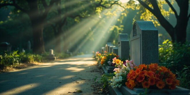 Weathered gravestone with fresh flower bouquets along a quiet cemetery pathway surrounded by ancient trees