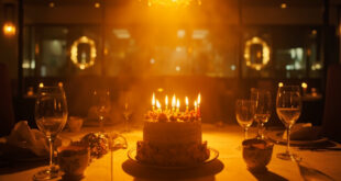Ornate birthday cake with lit golden candles on elegantly decorated table in upscale restaurant ready for celebration