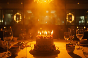 Ornate birthday cake with lit golden candles on elegantly decorated table in upscale restaurant ready for celebration
