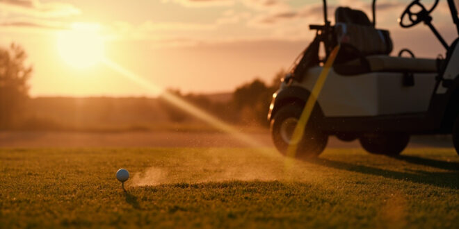 Abandoned golf equipment at golden hour, with clubs leaning against cart and ball on tee on empty emerald green course