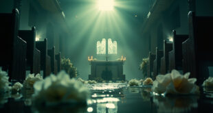 Empty flooded church interior with waterlogged wedding decorations and submerged pews during tropical storm
