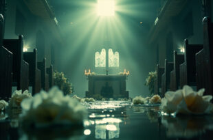 Empty flooded church interior with waterlogged wedding decorations and submerged pews during tropical storm