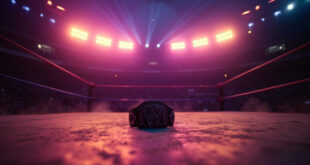 Empty wrestling ring with championship belt abandoned under spotlights in a twilight arena, symbolizing a legend's passing