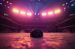 Empty wrestling ring with championship belt abandoned under spotlights in a twilight arena, symbolizing a legend's passing
