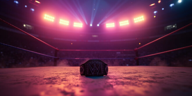 Empty wrestling ring with championship belt abandoned under spotlights in a twilight arena, symbolizing a legend's passing