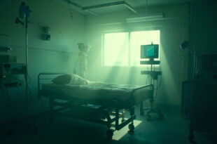 Empty hospital bed with monitoring equipment and IV stand in a sterile intensive care unit with clinical lighting